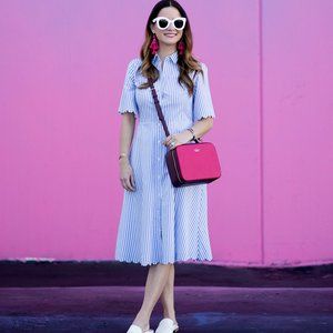 Banana Republic Striped Button Up Scallop Trim Cotton Casual Work Shirt Dress